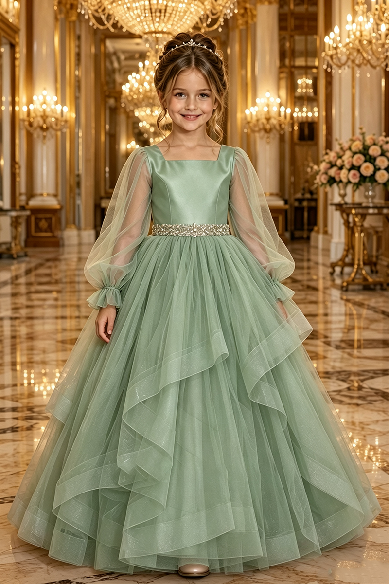Girls Dusty Pink Tulle Gown for Weddings with Beaded Waistband
