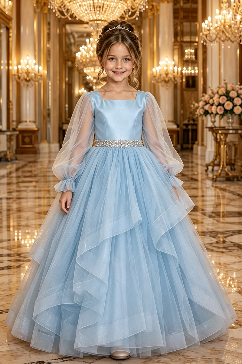 Girls Dusty Pink Tulle Gown for Weddings with Beaded Waistband