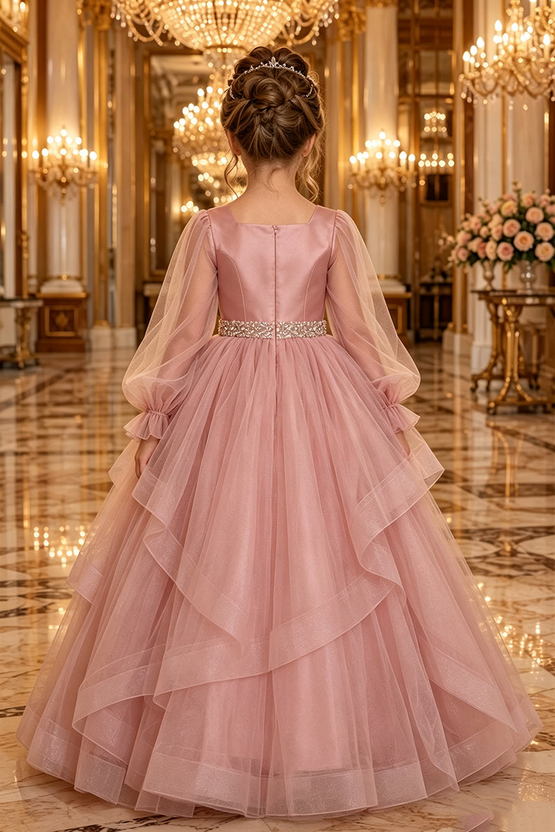 Girls Dusty Pink Tulle Gown for Weddings with Beaded Waistband
