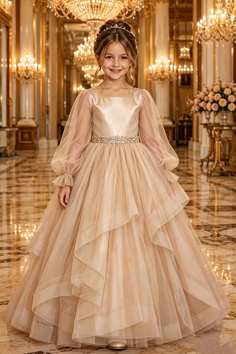 Girls Dusty Pink Tulle Gown for Weddings with Beaded Waistband