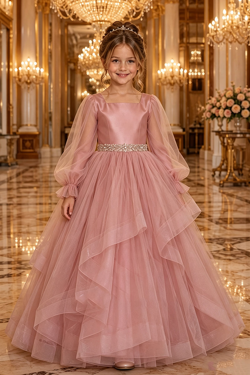 Girls Dusty Pink Tulle Gown for Weddings with Beaded Waistband