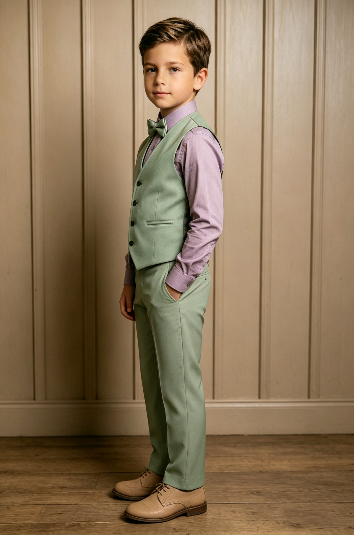 Grey Green Waistcoat V Neck Single Breasted 2 Piece Formal Suit Set