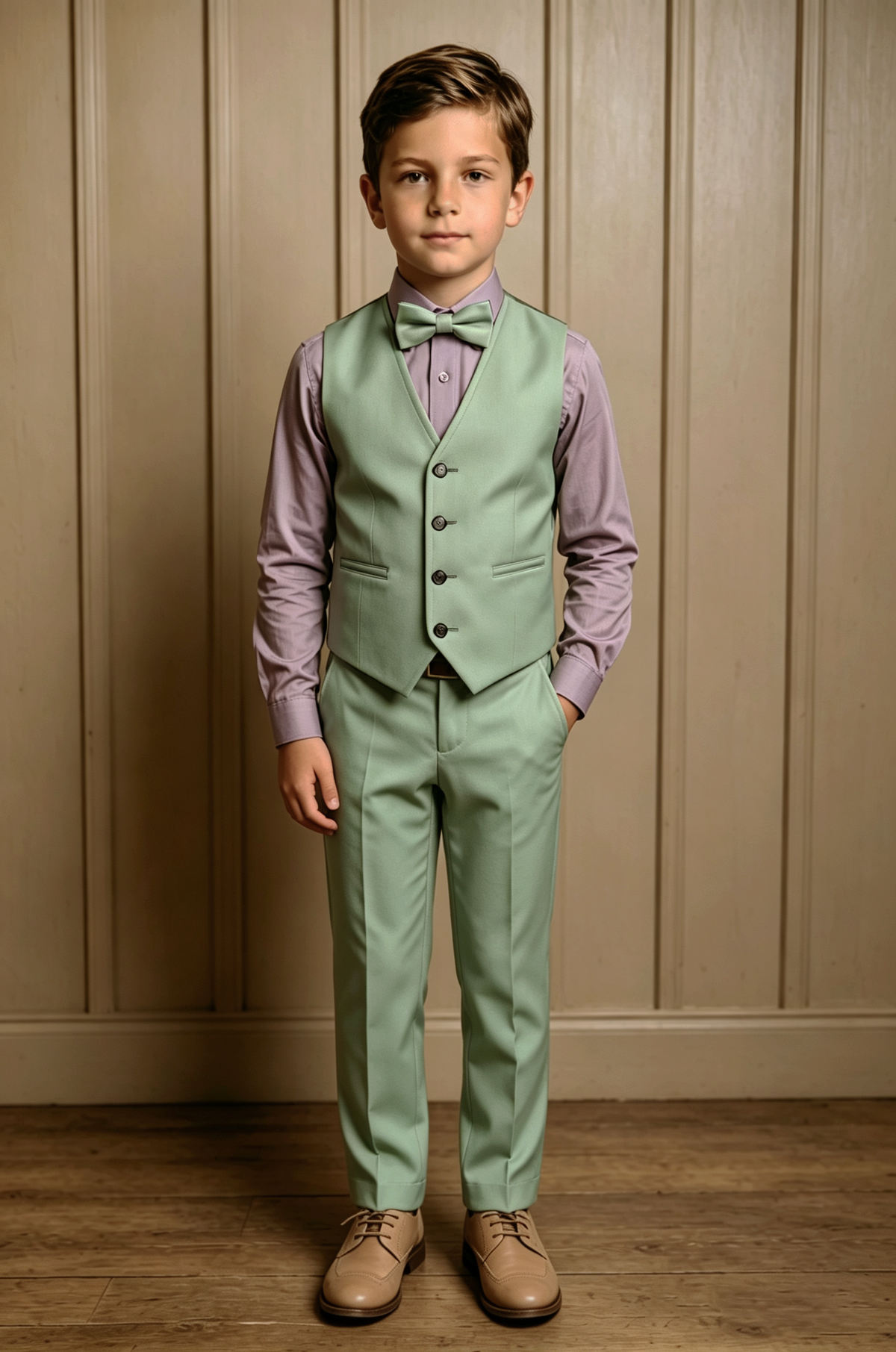 Grey Green Waistcoat V Neck Single Breasted 2 Piece Formal Suit Set