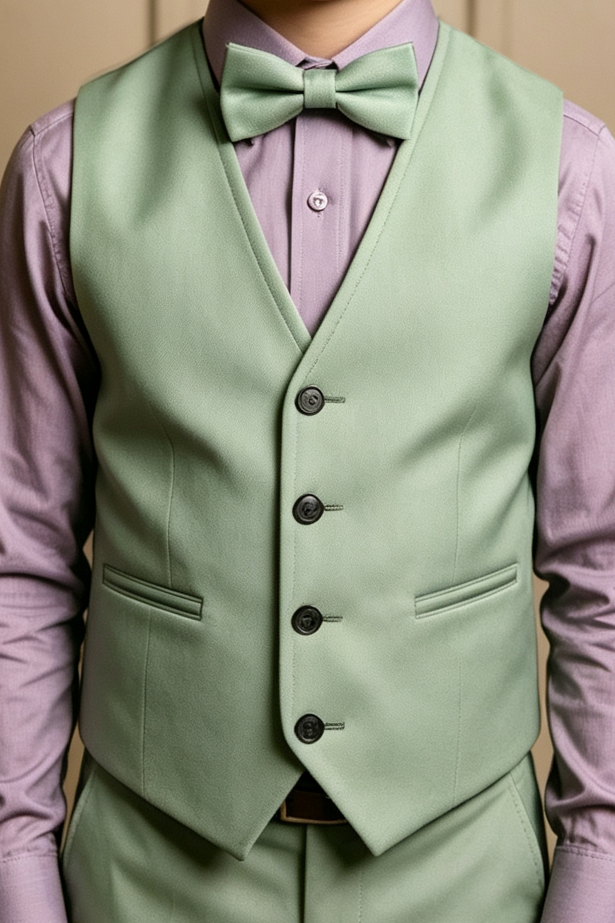 Grey Green Waistcoat V Neck Single Breasted 2 Piece Formal Suit Set