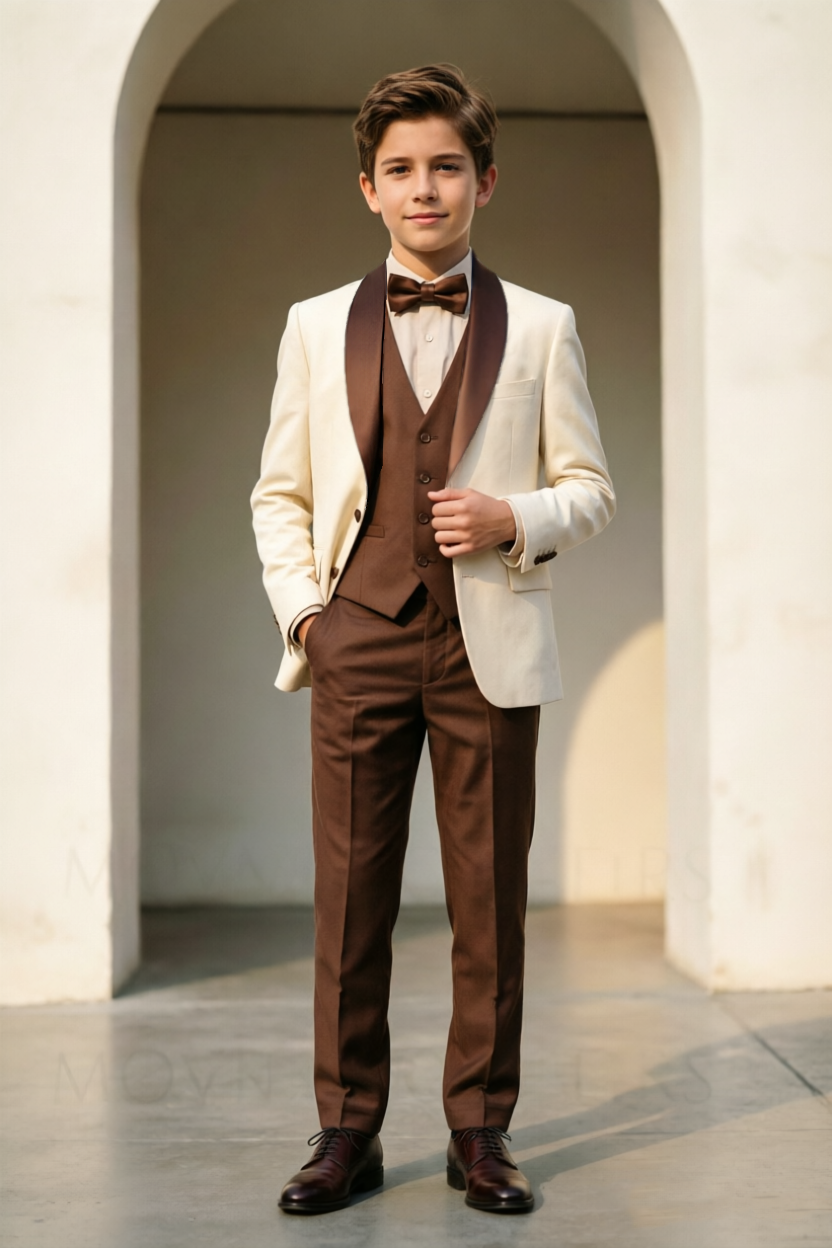 Cream & Deep Brown Boys Single Breasted Satin 3 Piece Suit Set