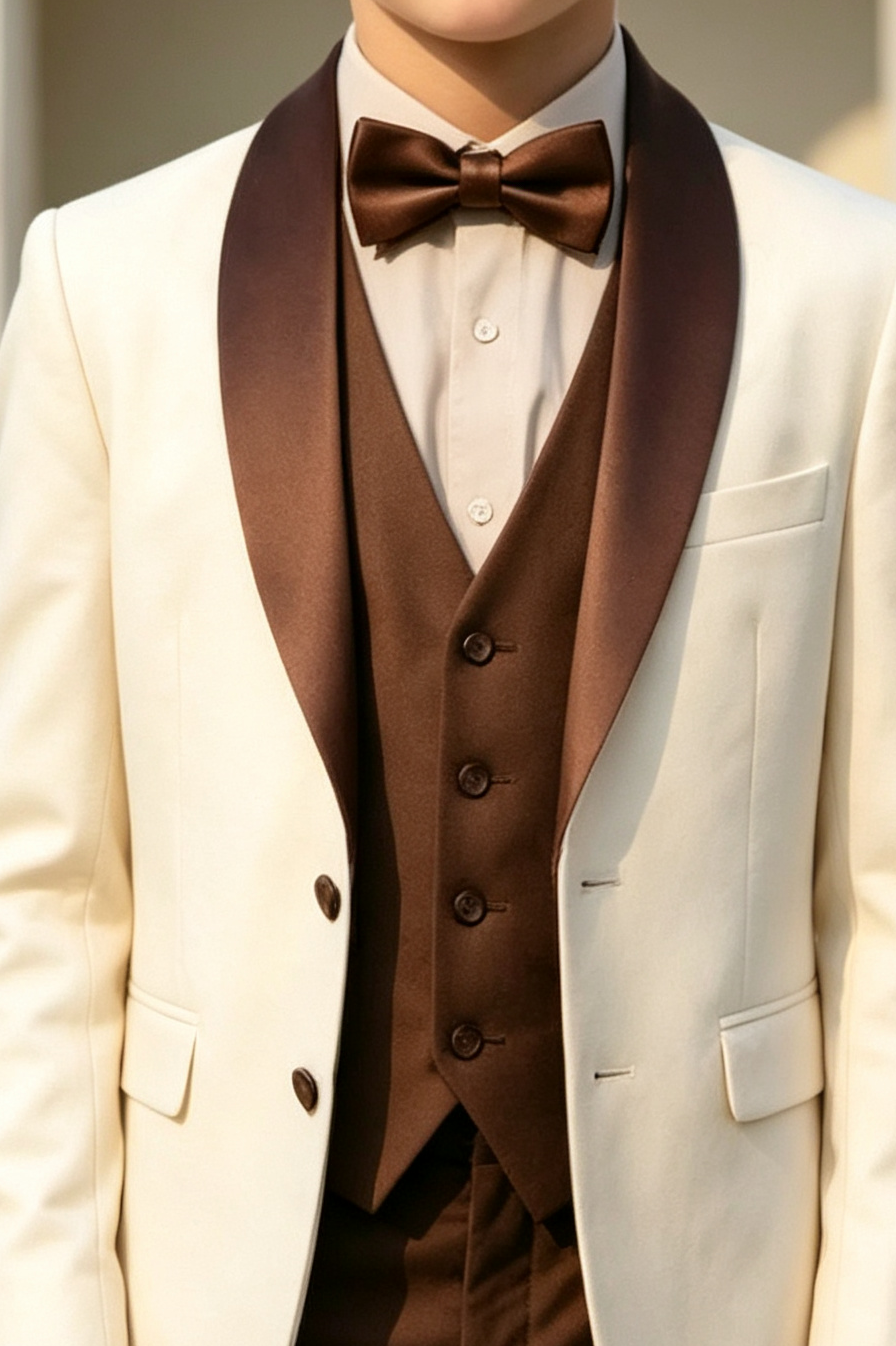 Cream & Deep Brown Boys Single Breasted Satin 3 Piece Suit Set