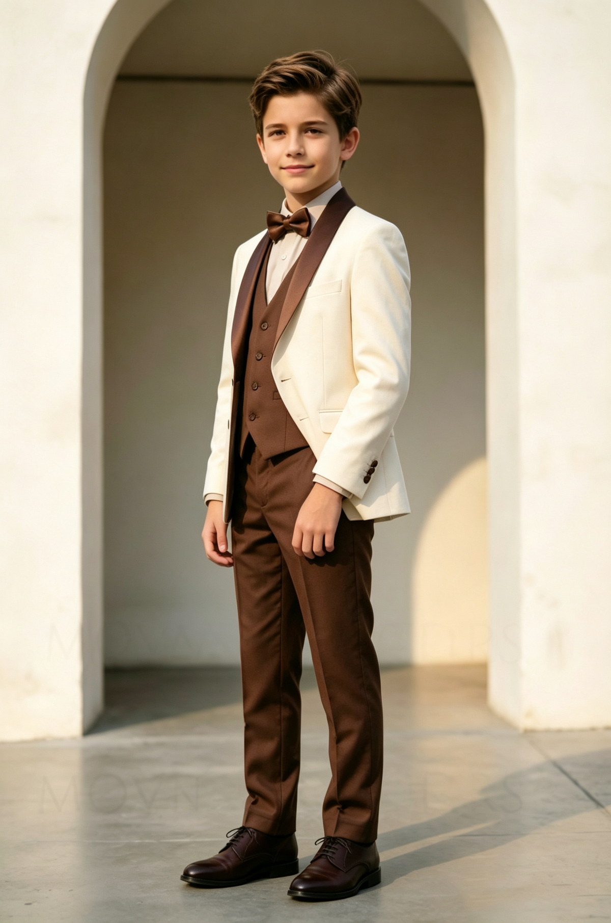 Cream & Deep Brown Boys Single Breasted Satin 3 Piece Suit Set