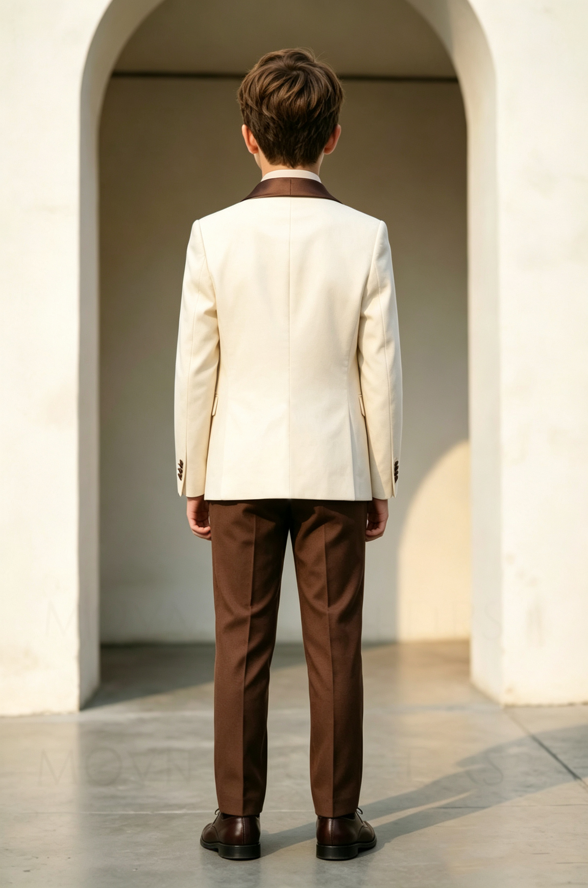 Cream & Deep Brown Boys Single Breasted Satin 3 Piece Suit Set