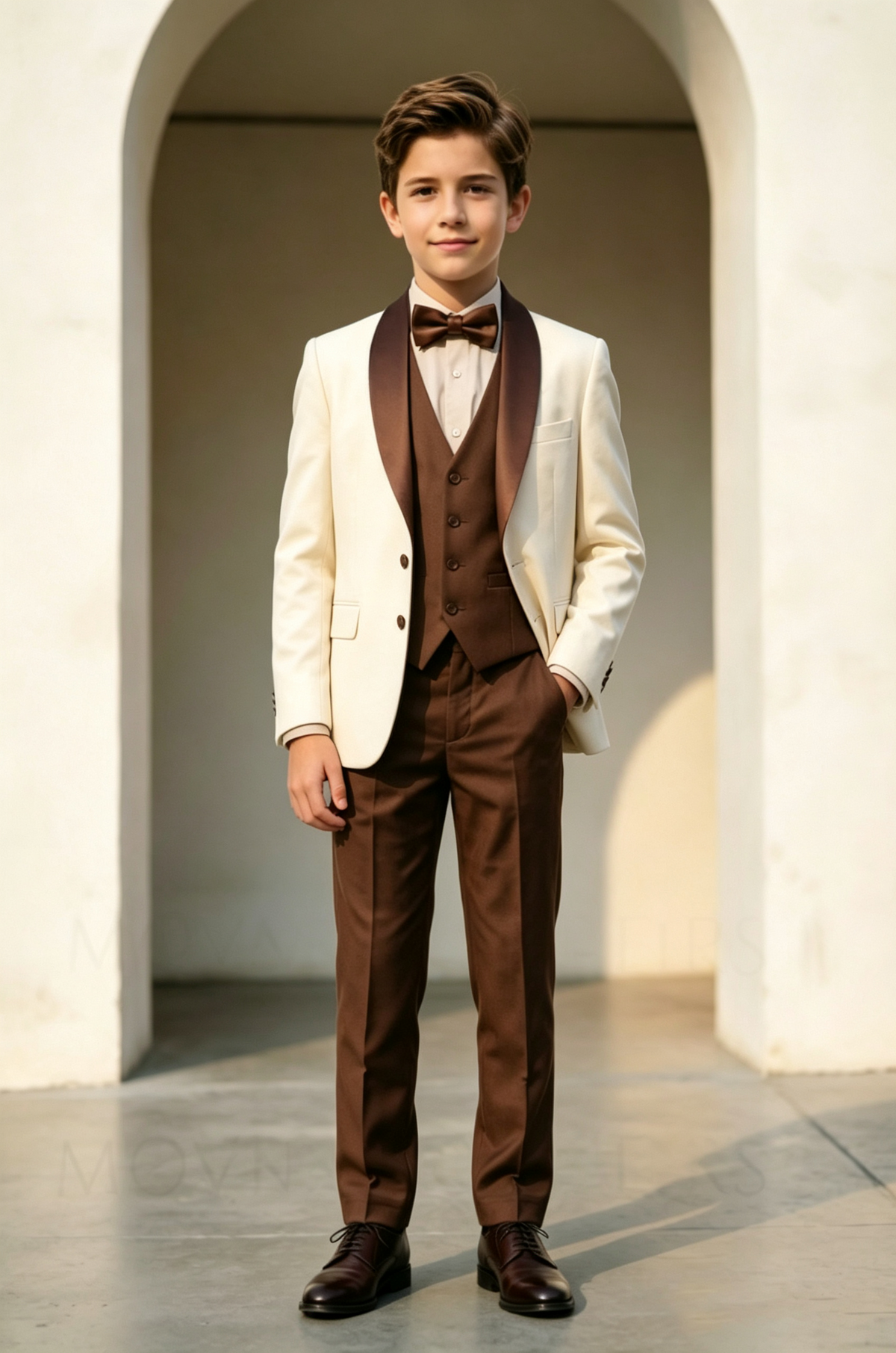 Cream & Deep Brown Boys Single Breasted Satin 3 Piece Suit Set