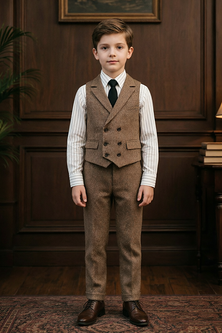 Brown Herringbone Boys Waistcoat Double Breasted 2 Piece Suit Set