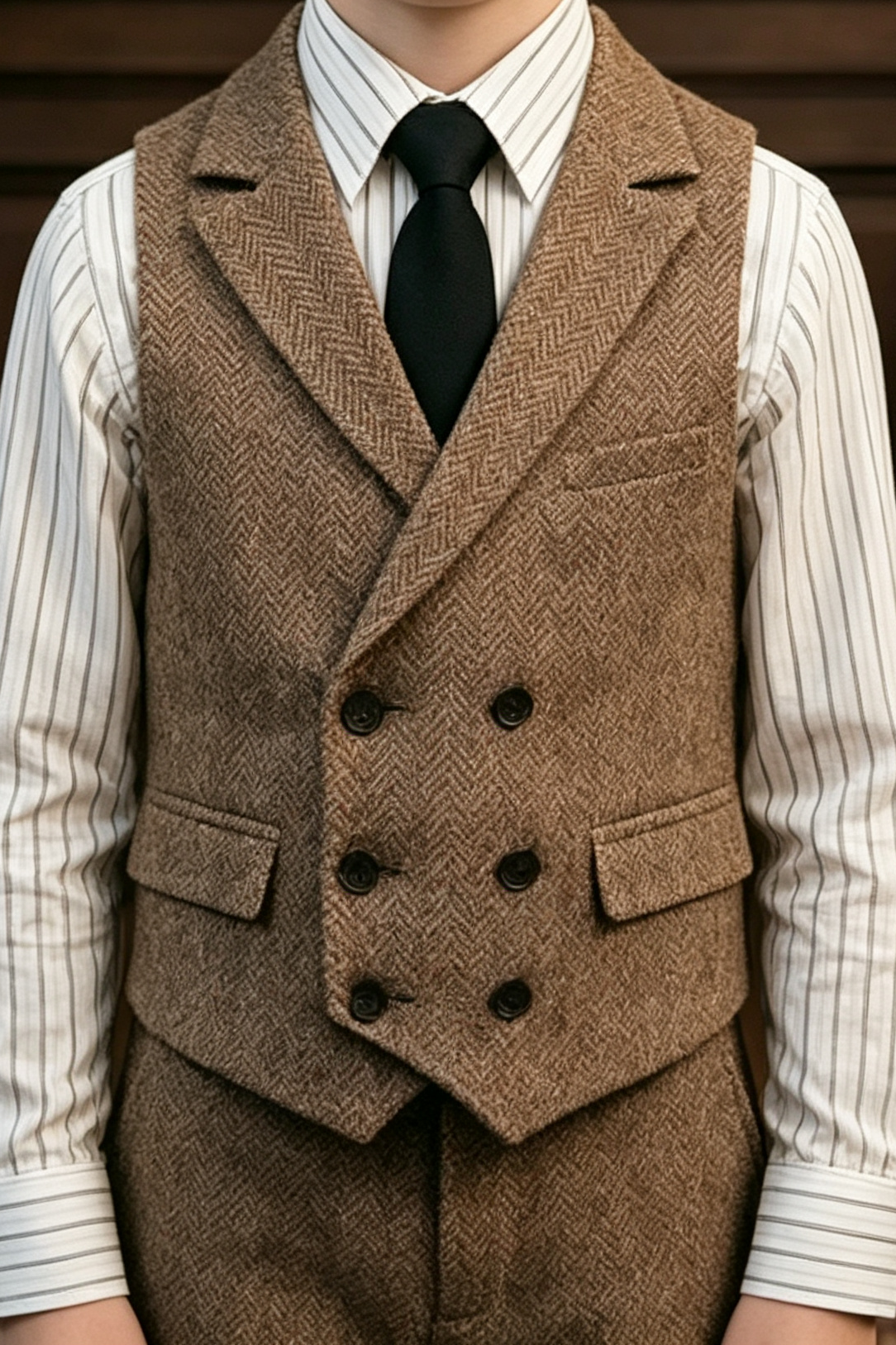 Brown Herringbone Boys Waistcoat Double Breasted 2 Piece Suit Set