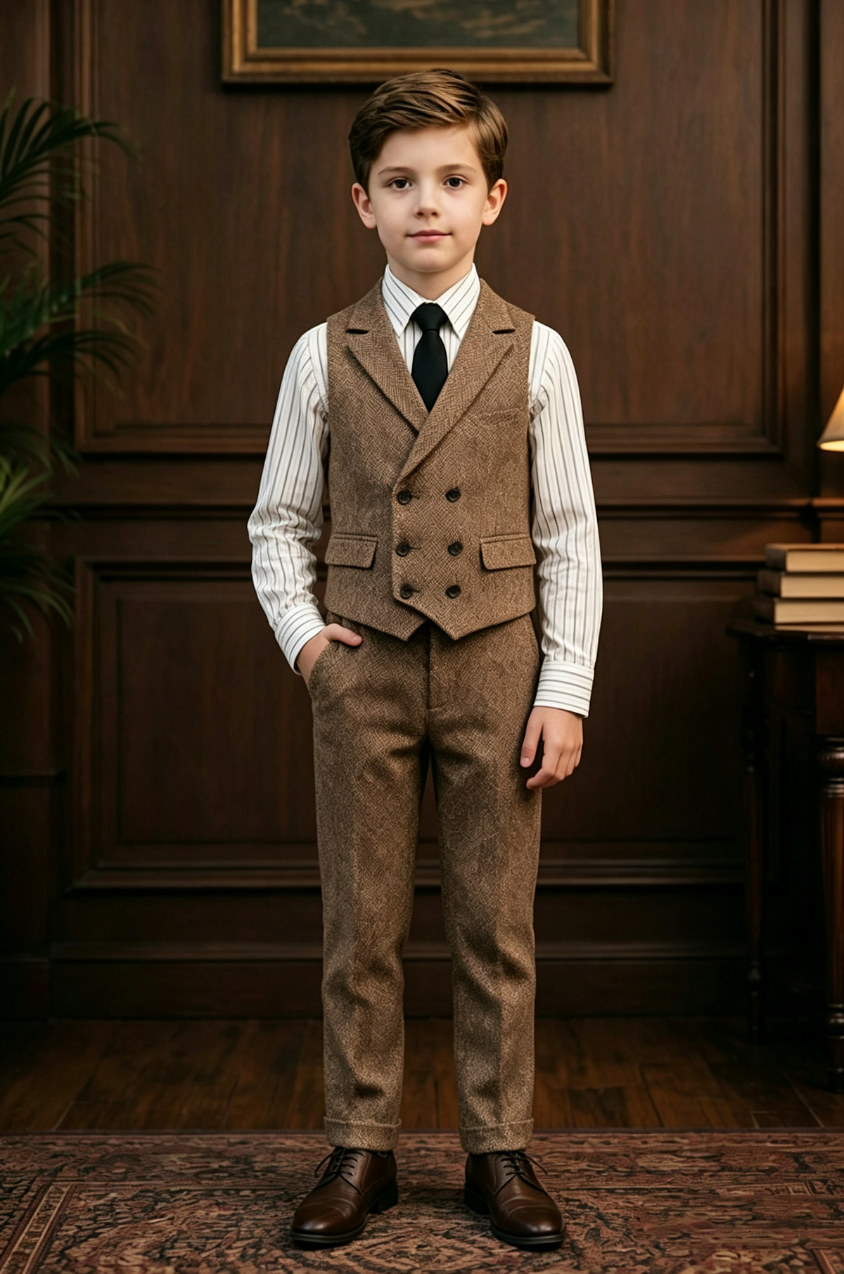 Brown Herringbone Boys Waistcoat Double Breasted 2 Piece Suit Set