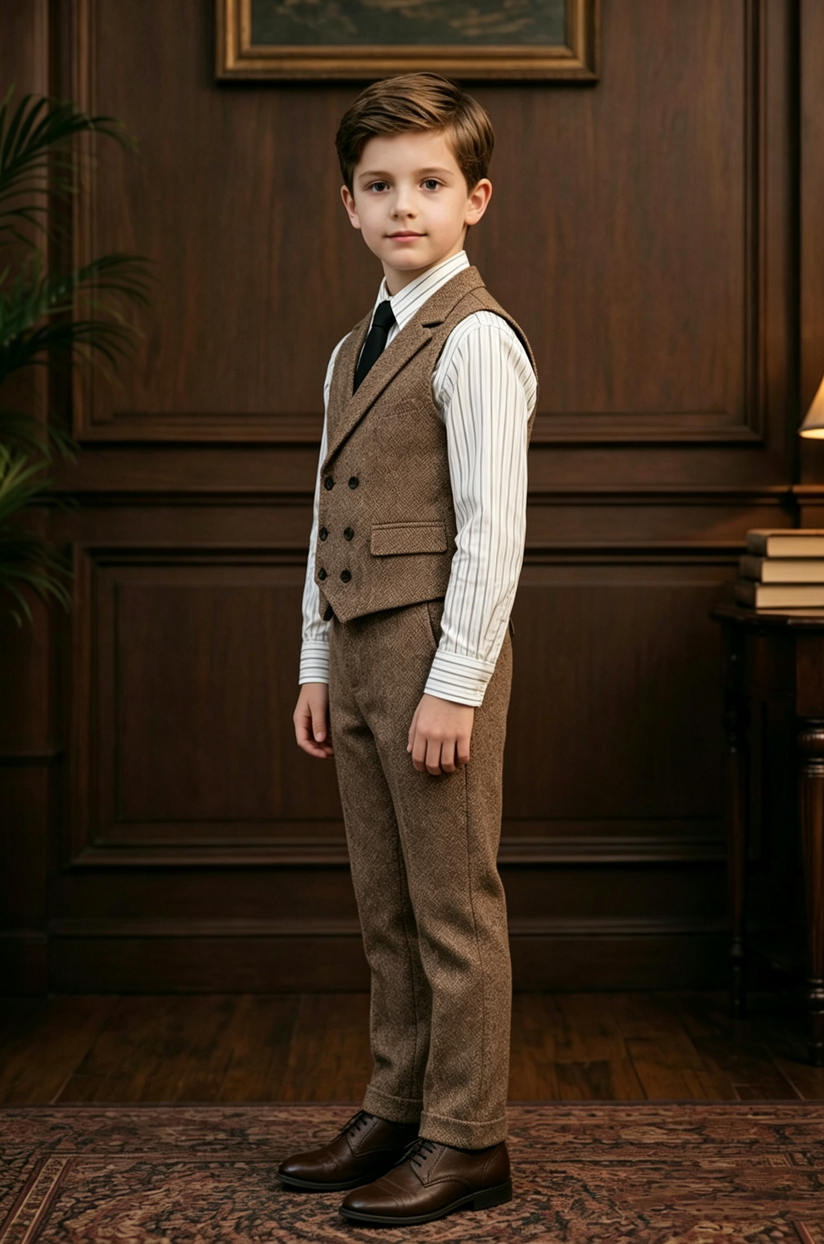 Brown Herringbone Boys Waistcoat Double Breasted 2 Piece Suit Set