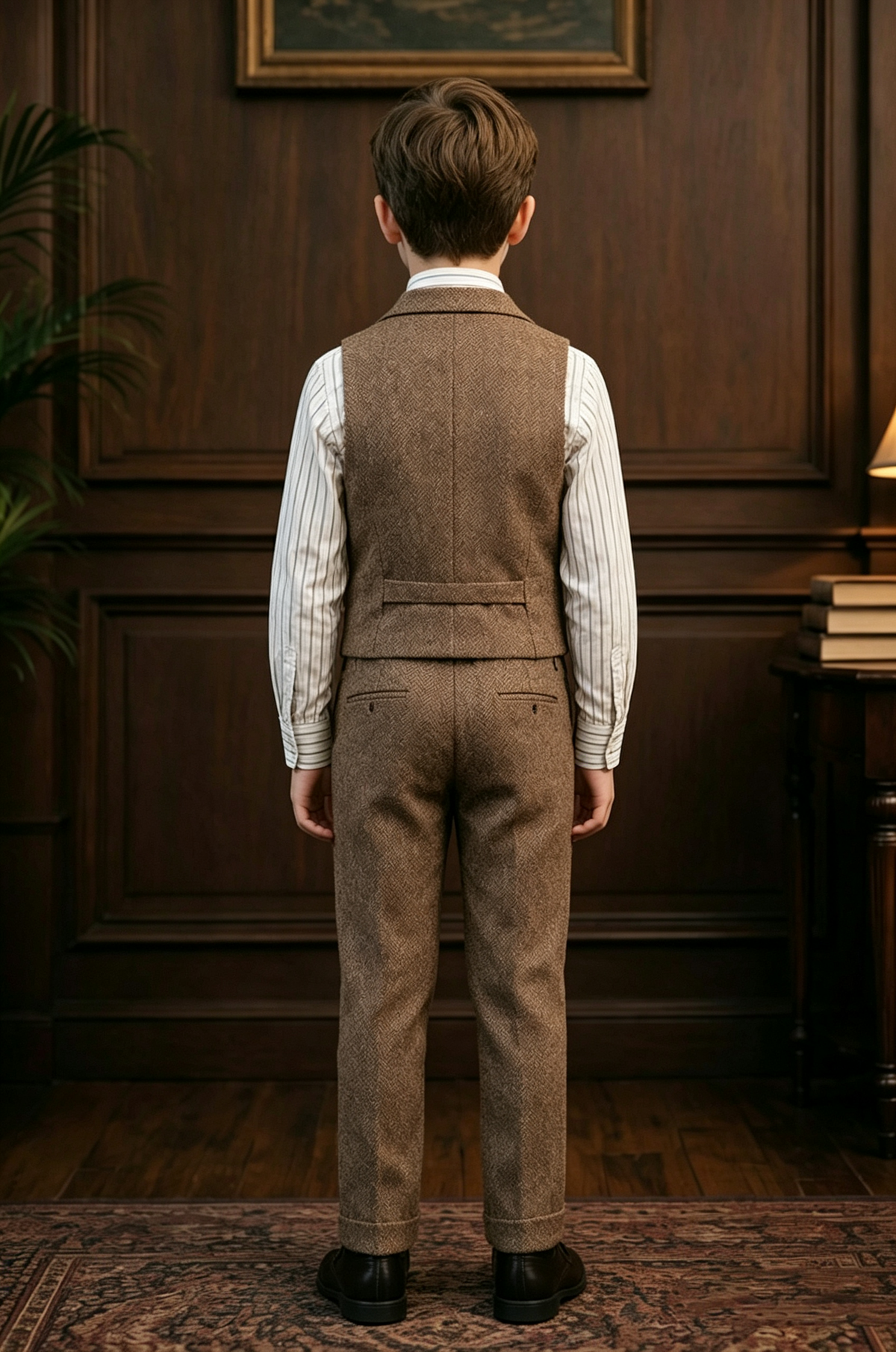 Brown Herringbone Boys Waistcoat Double Breasted 2 Piece Suit Set
