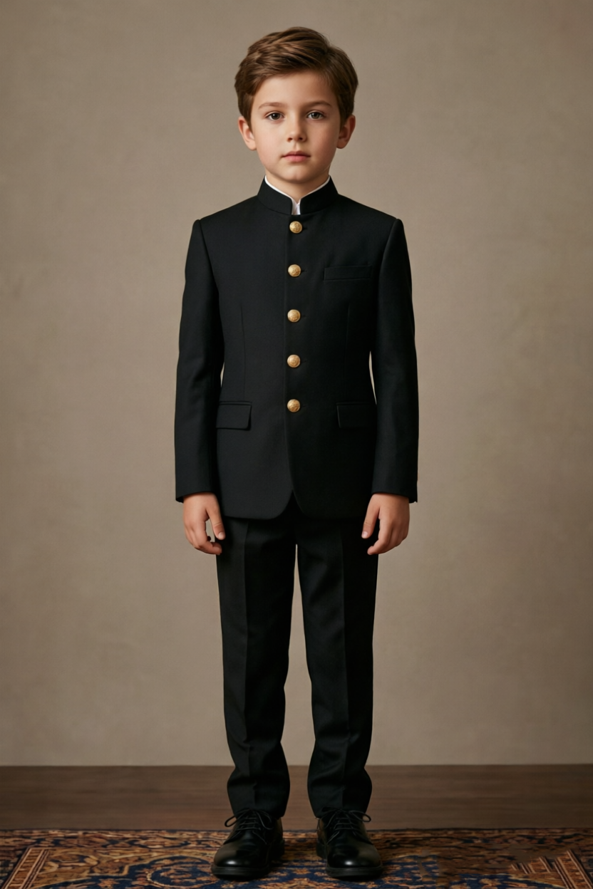 Black Venetian Mandarin Collar Single Breasted Gold Button 2 Piece Suit Set