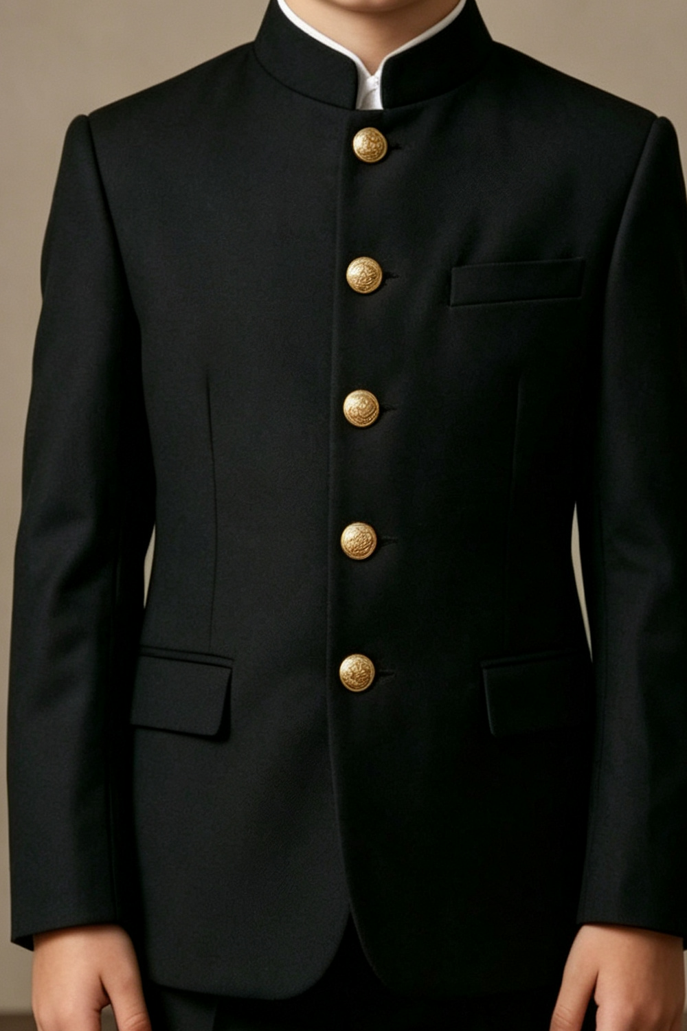 Black Venetian Mandarin Collar Single Breasted Gold Button 2 Piece Suit Set