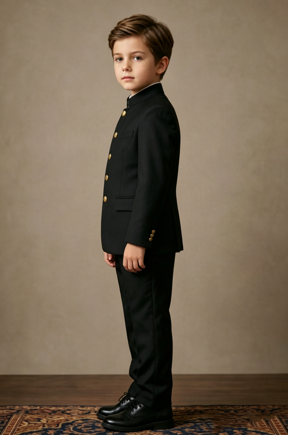 Black Venetian Mandarin Collar Single Breasted Gold Button 2 Piece Suit Set