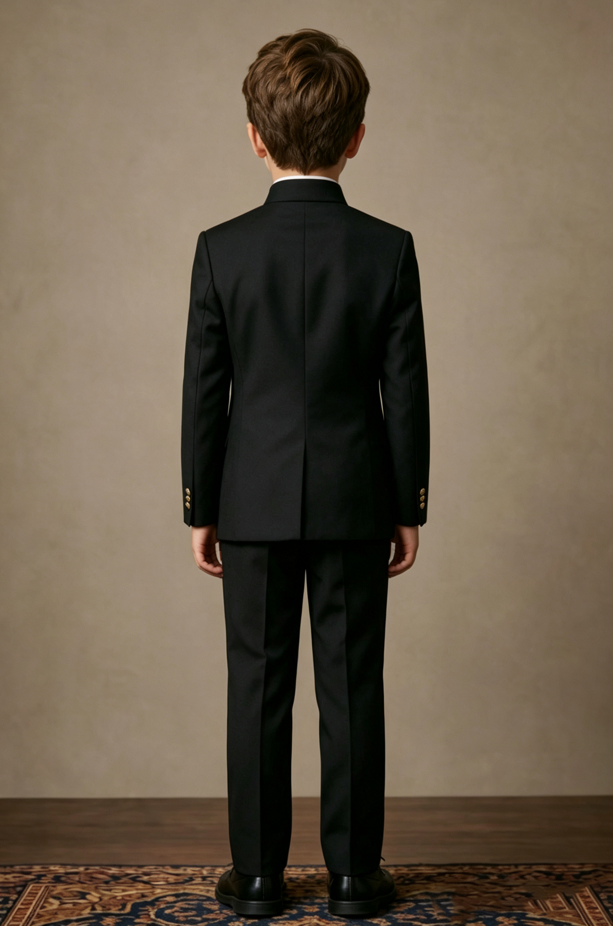 Black Venetian Mandarin Collar Single Breasted Gold Button 2 Piece Suit Set