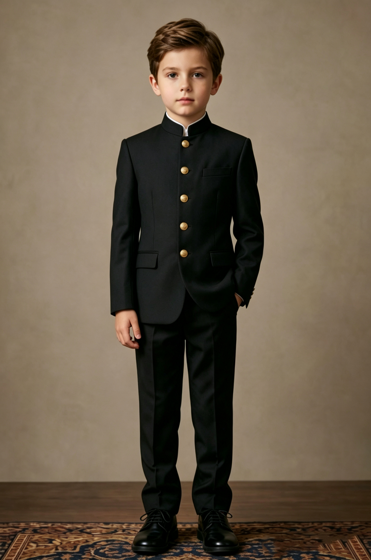 Black Venetian Mandarin Collar Single Breasted Gold Button 2 Piece Suit Set