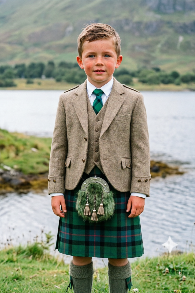 Light Brown Herringbone Boys Scottish Kilt Single Breasted 3 Piece Formal Suit Set