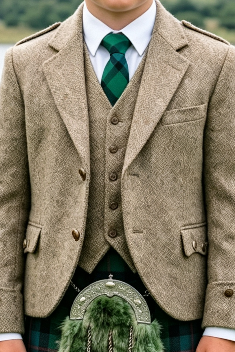 Light Brown Herringbone Boys Scottish Kilt Single Breasted 3 Piece Formal Suit Set
