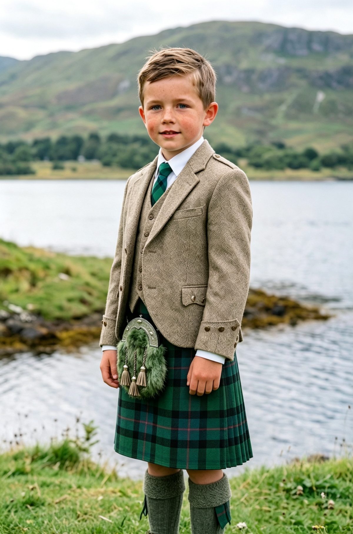 Light Brown Herringbone Boys Scottish Kilt Single Breasted 3 Piece Formal Suit Set