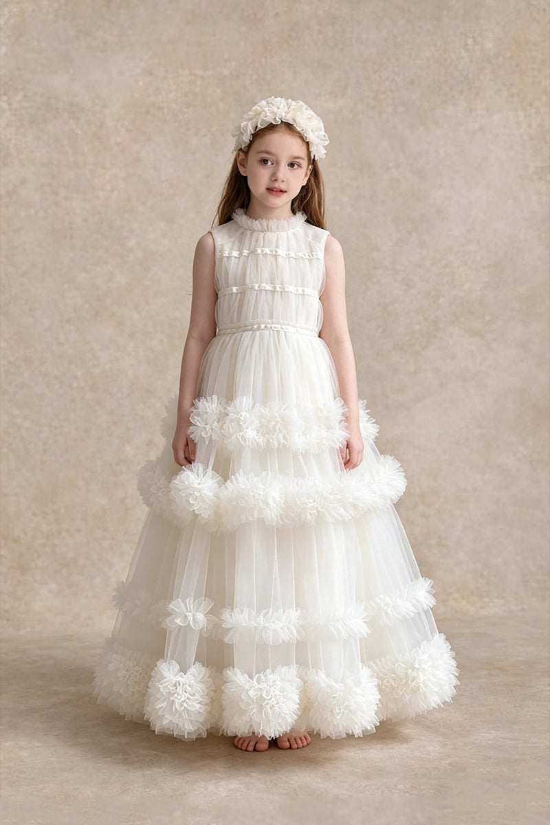 White Organza Stand Collar Girl Dress