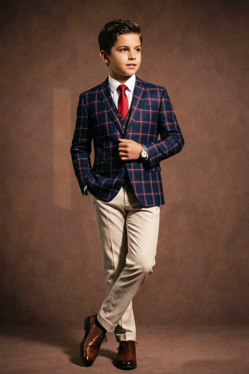 Navy & Red Plaid Boys Single Breasted 2 Piece Formal Suit Set with Beige Pants