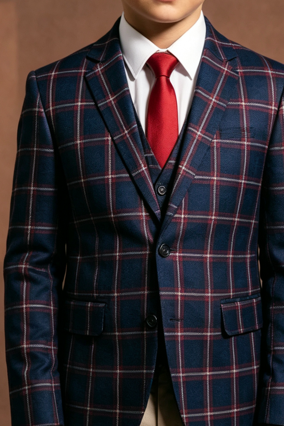 Navy & Red Plaid Boys Single Breasted 2 Piece Formal Suit Set with Beige Pants