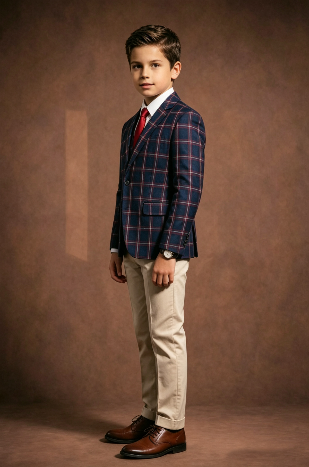 Navy & Red Plaid Boys Single Breasted 2 Piece Formal Suit Set with Beige Pants