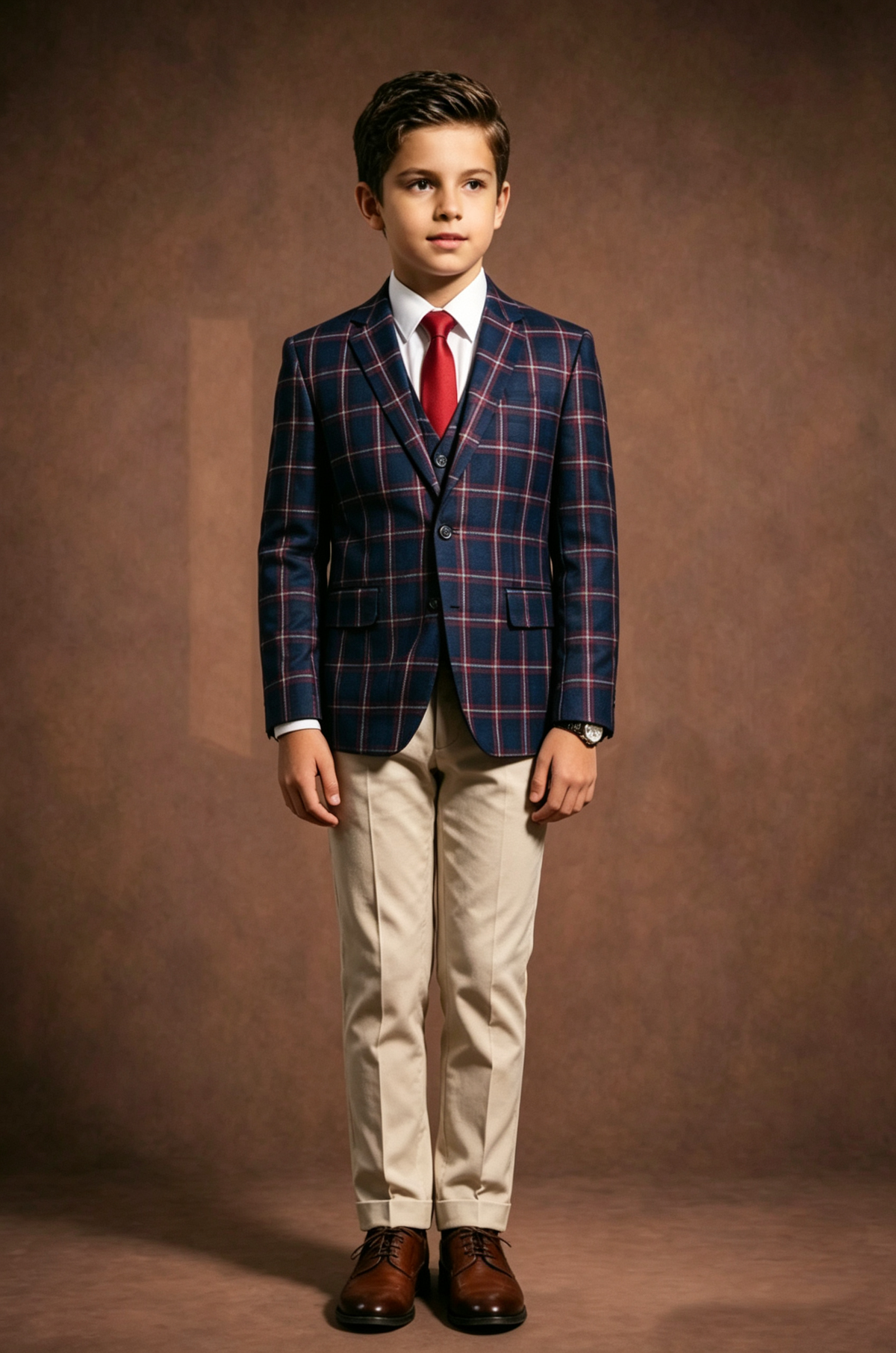 Navy & Red Plaid Boys Single Breasted 2 Piece Formal Suit Set with Beige Pants