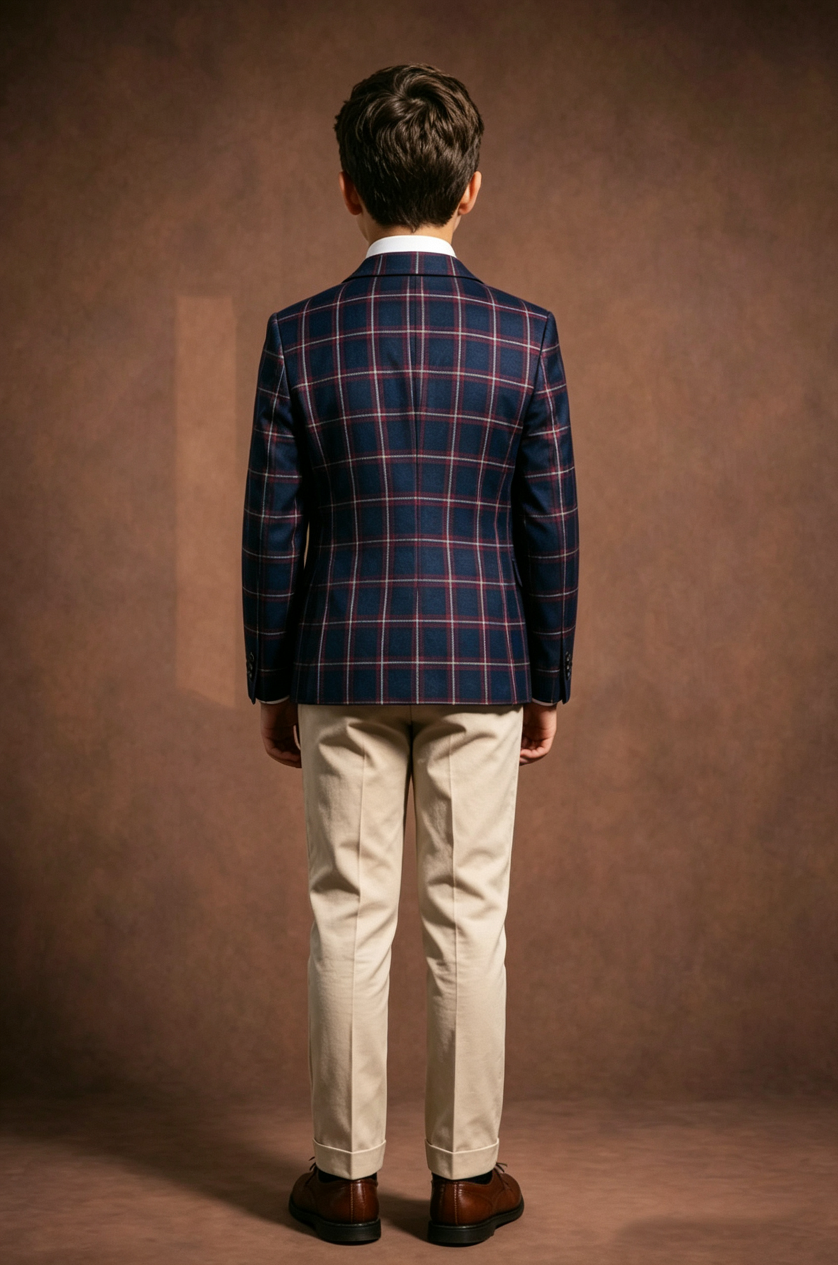 Navy & Red Plaid Boys Single Breasted 2 Piece Formal Suit Set with Beige Pants