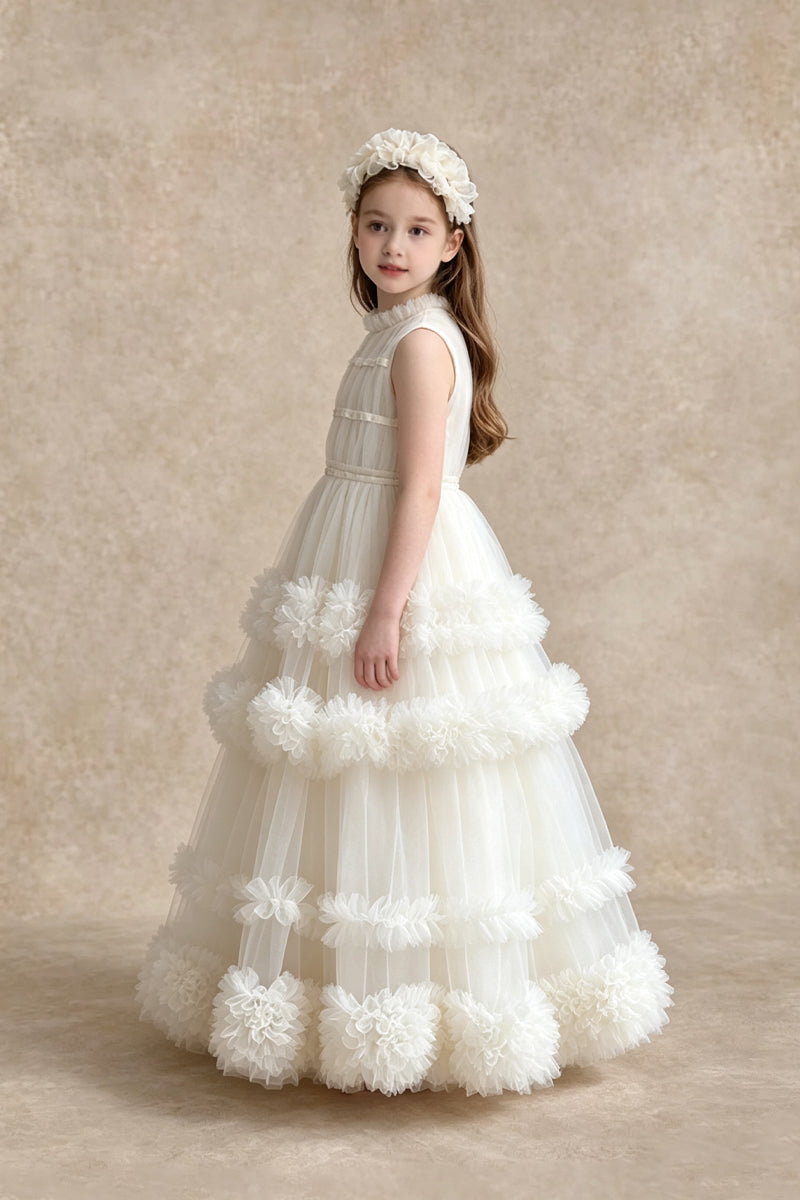 White Organza Stand Collar Girl Dress