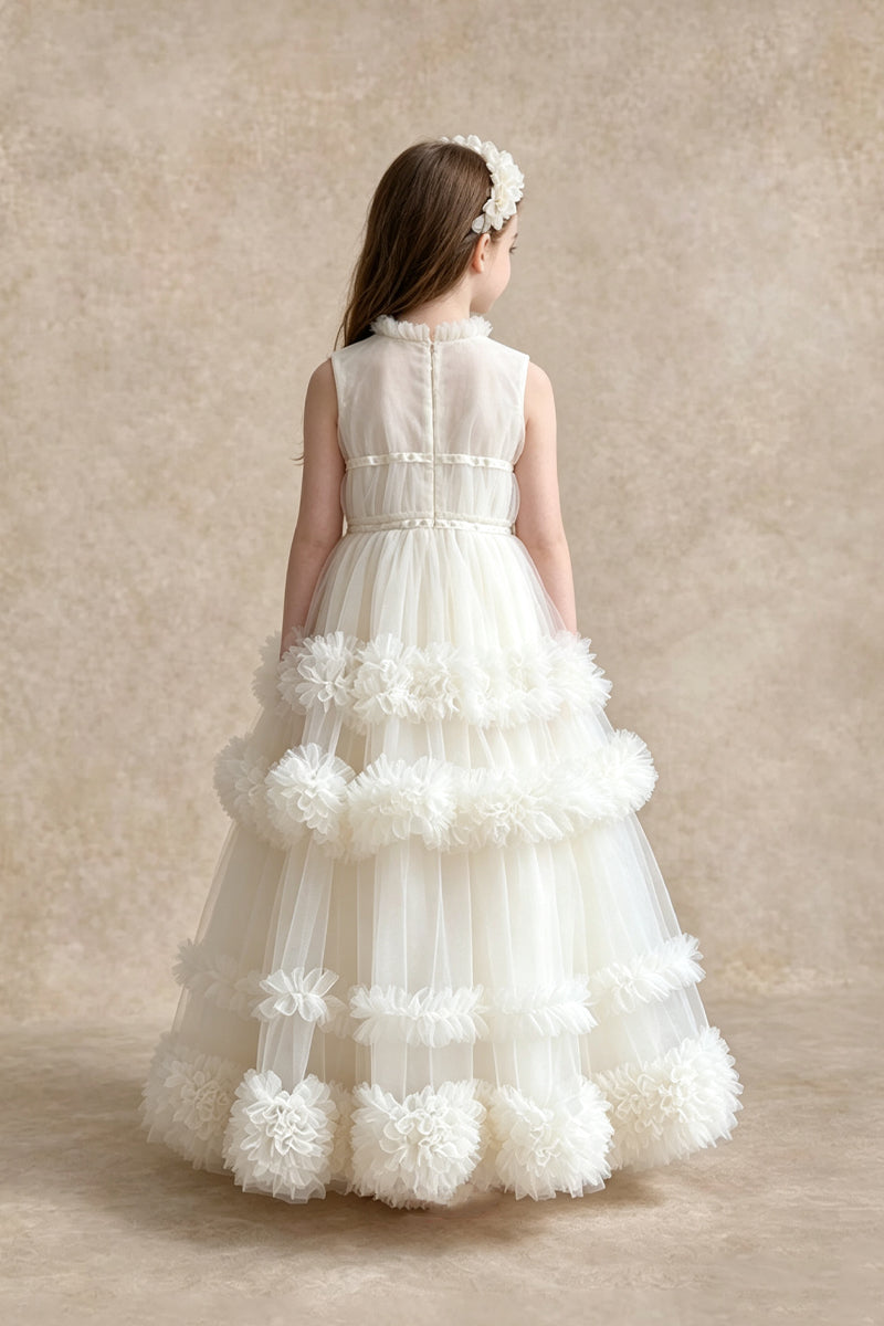 White Organza Stand Collar Girl Dress