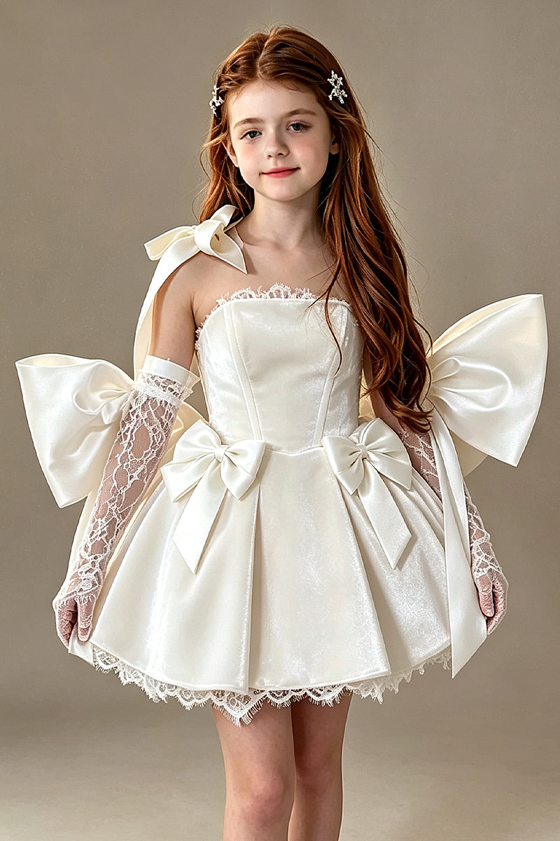 White Velvet Bow Short Girl Dress