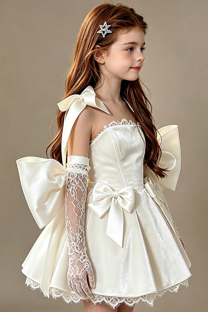 White Velvet Bow Short Girl Dress