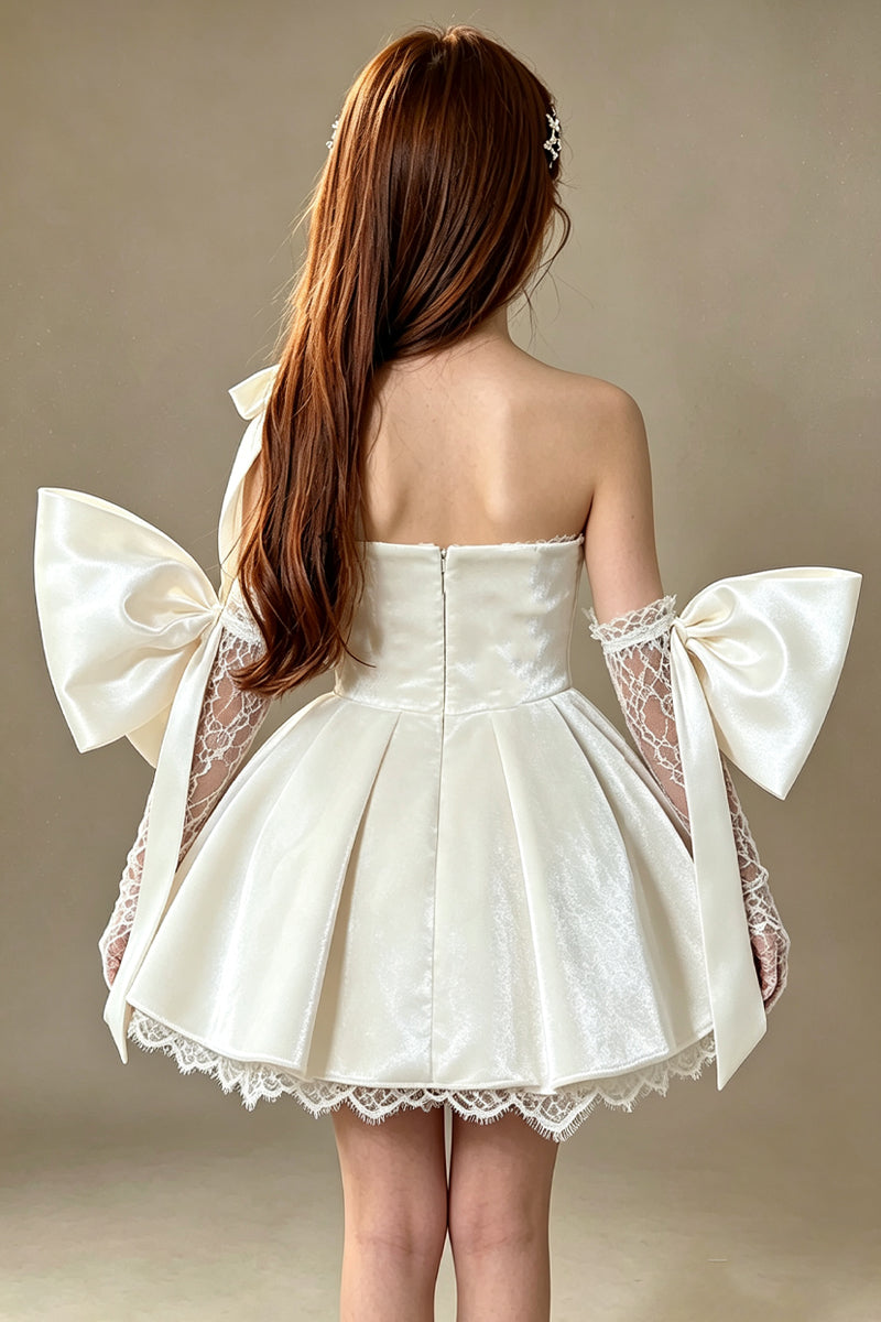 White Velvet Bow Short Girl Dress