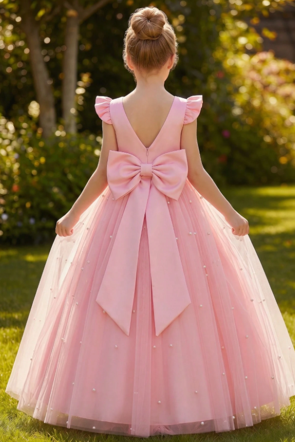 Pink Ruffle Cap Sleeve Satin Pearls Tulle Big Bow A-Line Flower Girl Dress