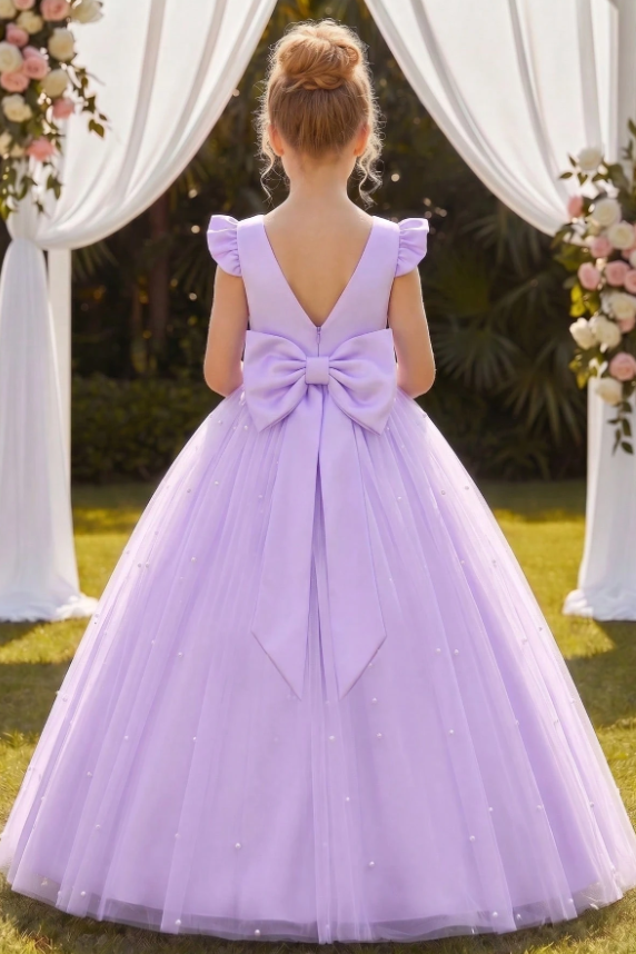 Pink Ruffle Cap Sleeve Satin Pearls Tulle Big Bow A-Line Flower Girl Dress