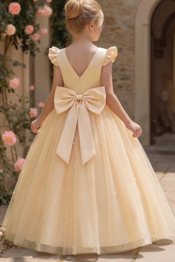 Pink Ruffle Cap Sleeve Satin Pearls Tulle Big Bow A-Line Flower Girl Dress