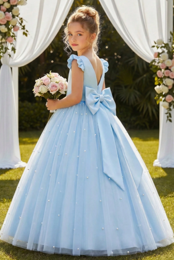 Pink Ruffle Cap Sleeve Satin Pearls Tulle Big Bow A-Line Flower Girl Dress
