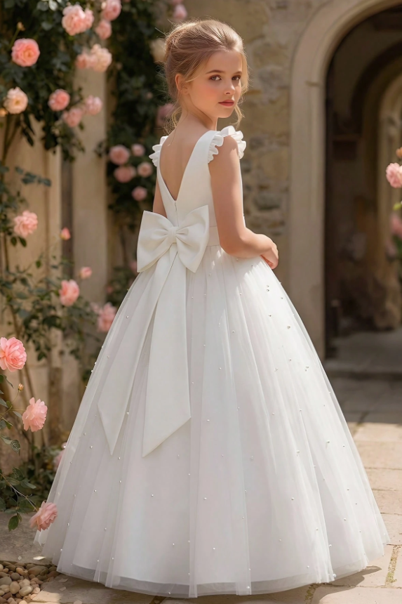 Pink Ruffle Cap Sleeve Satin Pearls Tulle Big Bow A-Line Flower Girl Dress