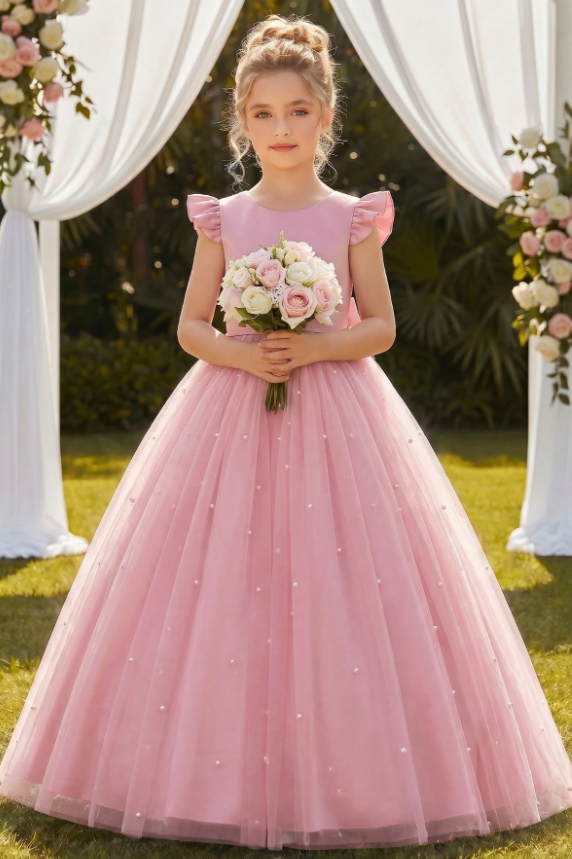 Pink Ruffle Cap Sleeve Satin Pearls Tulle Big Bow A-Line Flower Girl Dress