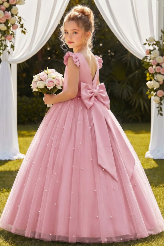 Pink Ruffle Cap Sleeve Satin Pearls Tulle Big Bow A-Line Flower Girl Dress