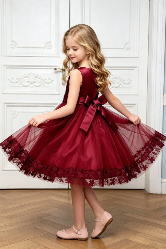 Burgundy Satin Bow 3D floral Lace Tulle A-Line Flower Girl Dress