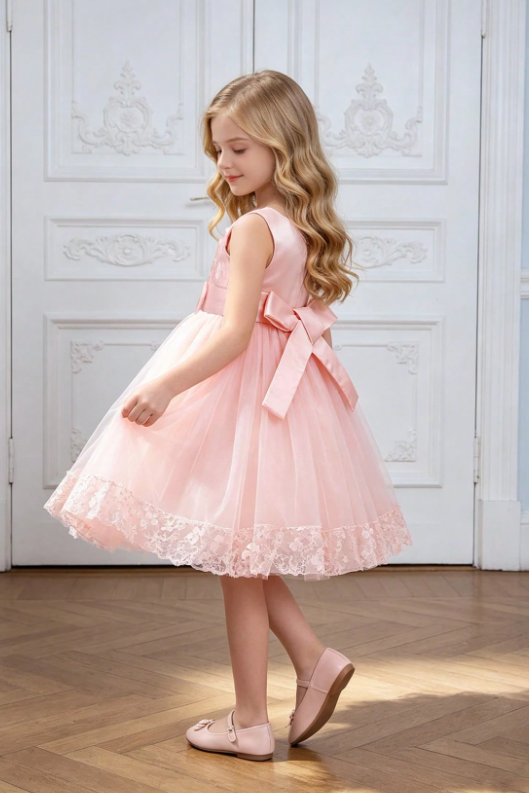 Burgundy Satin Bow 3D floral Lace Tulle A-Line Flower Girl Dress