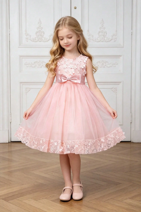 Burgundy Satin Bow 3D floral Lace Tulle A-Line Flower Girl Dress
