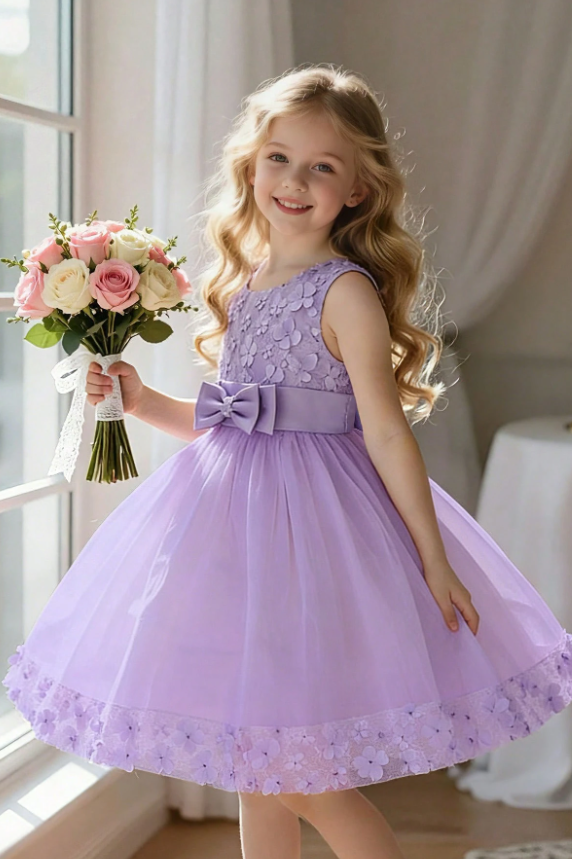 Burgundy Satin Bow 3D floral Lace Tulle A-Line Flower Girl Dress