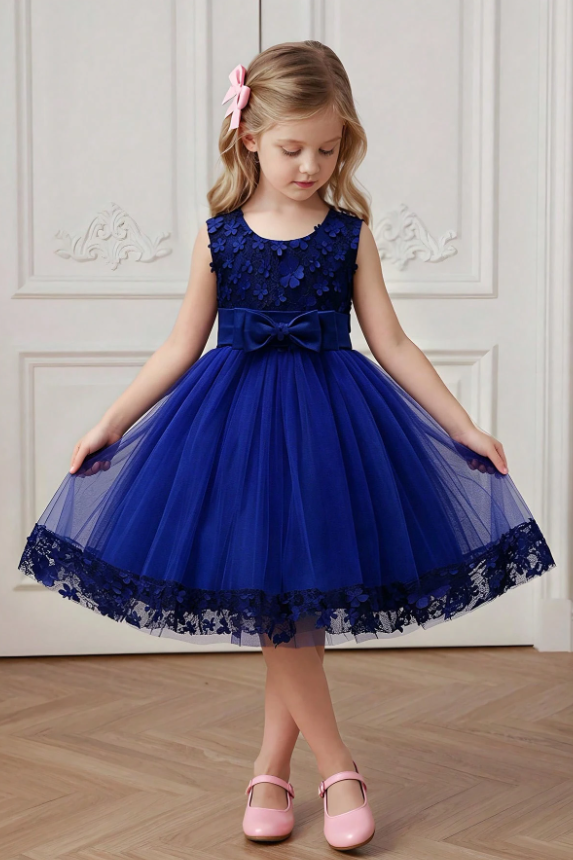 Burgundy Satin Bow 3D floral Lace Tulle A-Line Flower Girl Dress