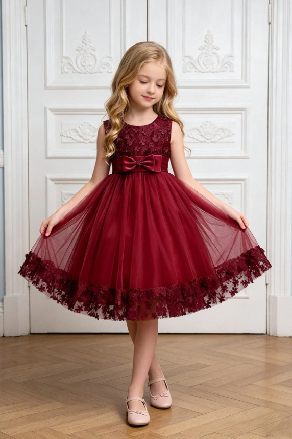 Burgundy Satin Bow 3D floral Lace Tulle A-Line Flower Girl Dress